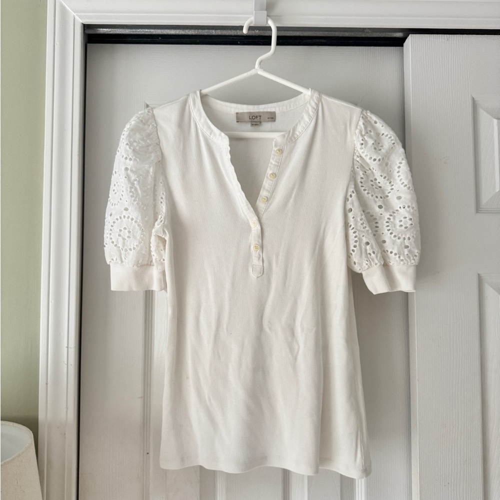 LOFT Ivory Eyelet Puff Sleeve Blouse